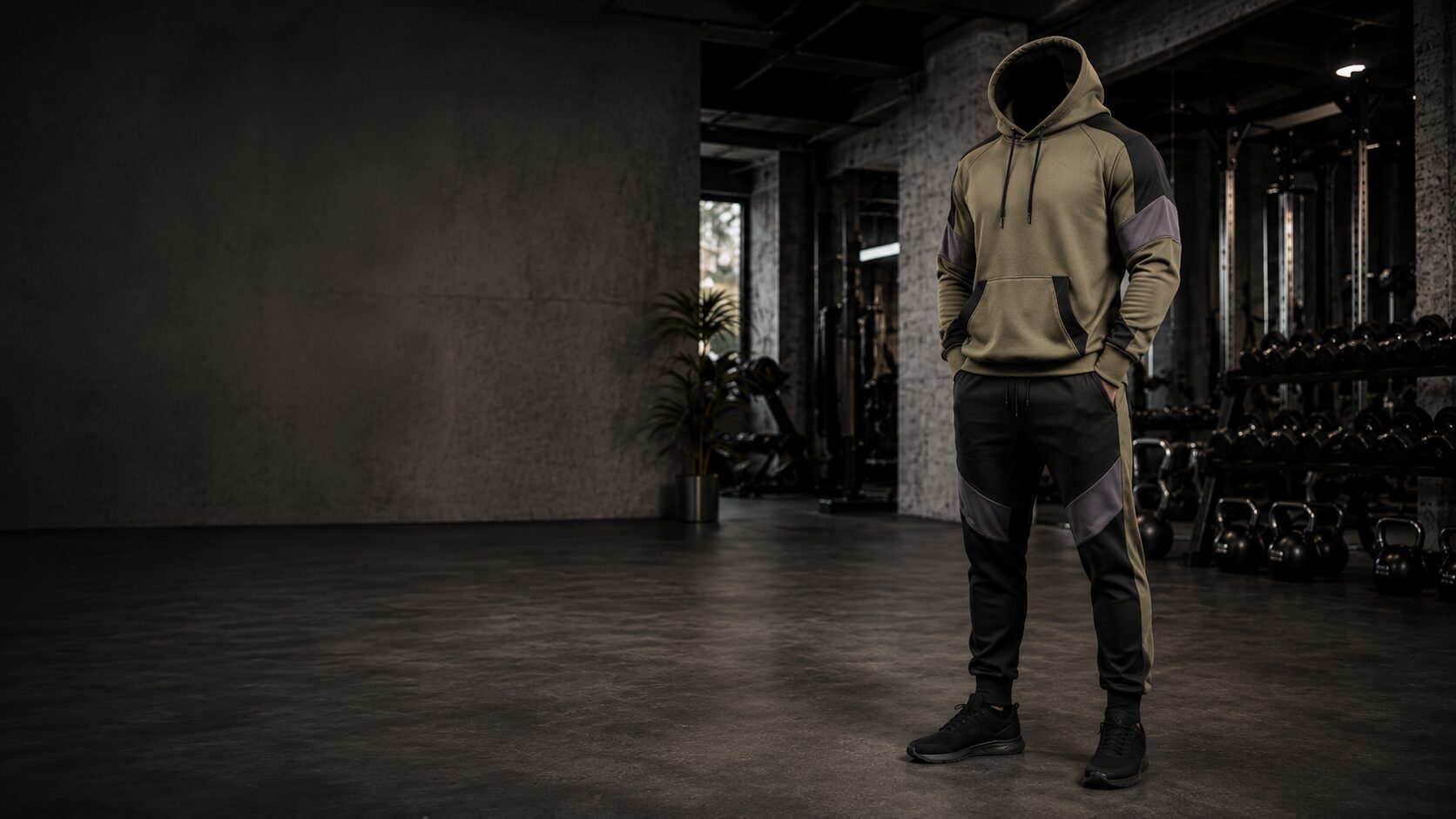 Conjunto SAREZ puesto en el gym: hoodie verde militar y jogger negro