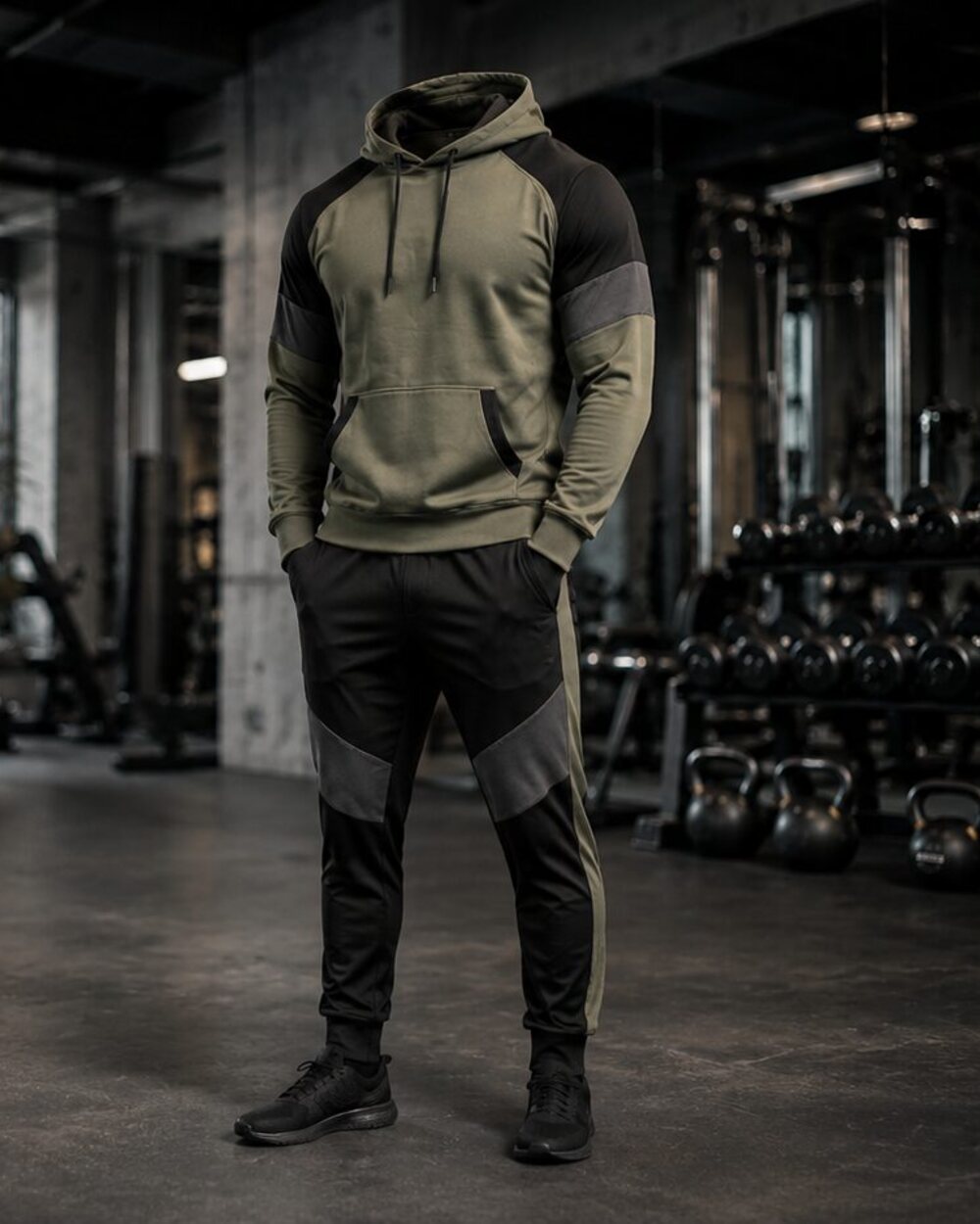 Conjunto SAREZ: hoodie verde militar y jogger negro